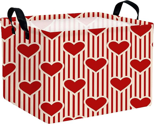 Large Valentine's Day Basket Heart Shaped Storage Bin for Gifts Collapsible Organizer Room Decor (Vertical Bar Red Love)