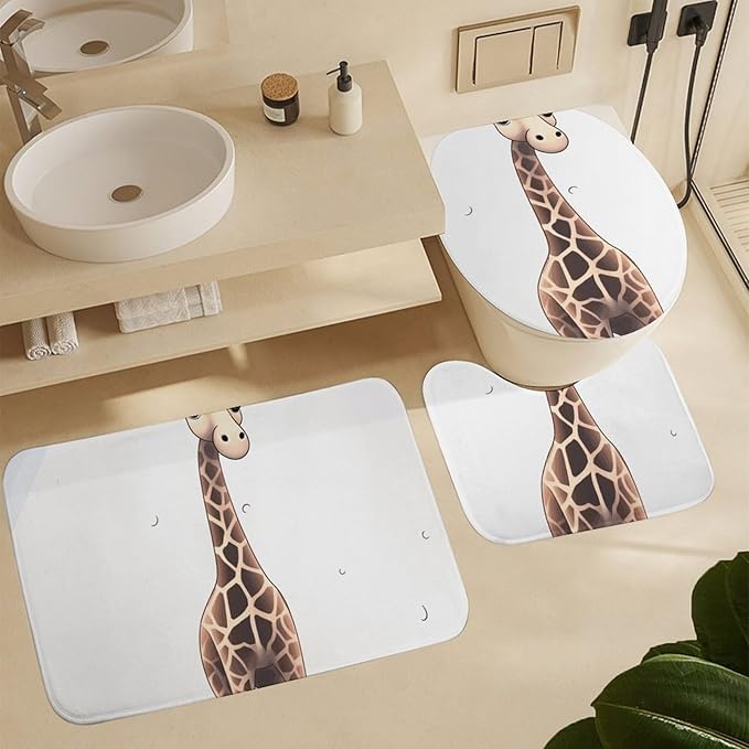 4 Piece Bathroom Rug Set with Shower Curtain, Non-Slip Bath Mat Toilet Cover Set, Cute Giraffe Bathroom Rug Sets