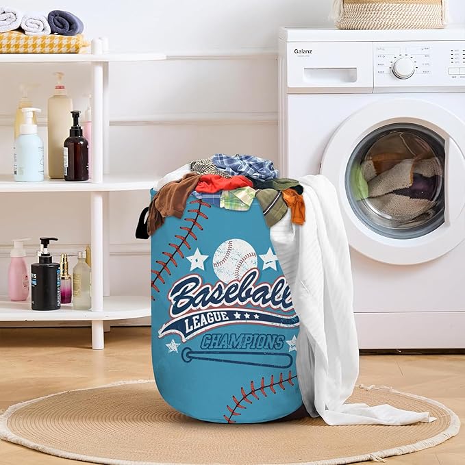 Baseball League Champions Laundry Basket with Sturdy Handles, Collapsible Oxford Cloth Laundry Hamper Organizer Basket for Bathroom Bedroom 15.7x20 Inch