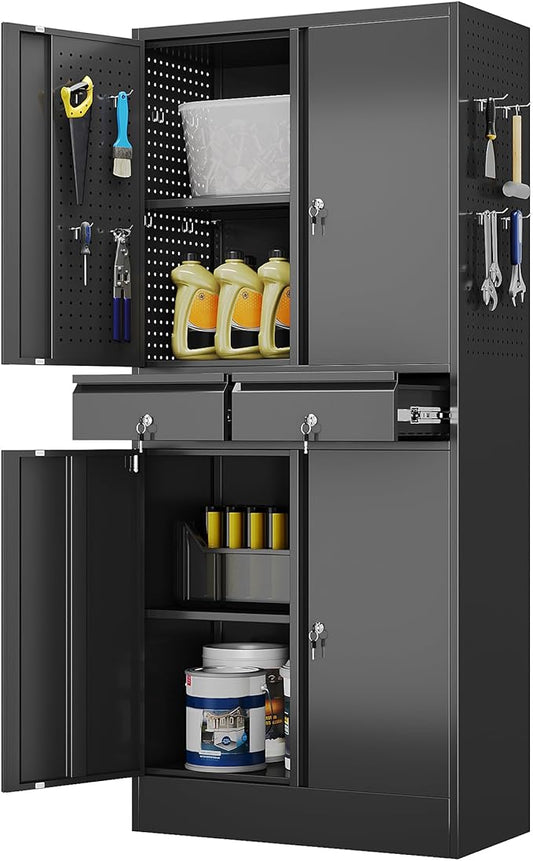 Aobabo 71" H×30" W×15" D Metal Storage Cabinet with 2 Drawers, Locking Steel Storage Cabinet with 2 Adjustable Shelves and 8 Hooks for Garage, Office, Black, Assembly Required