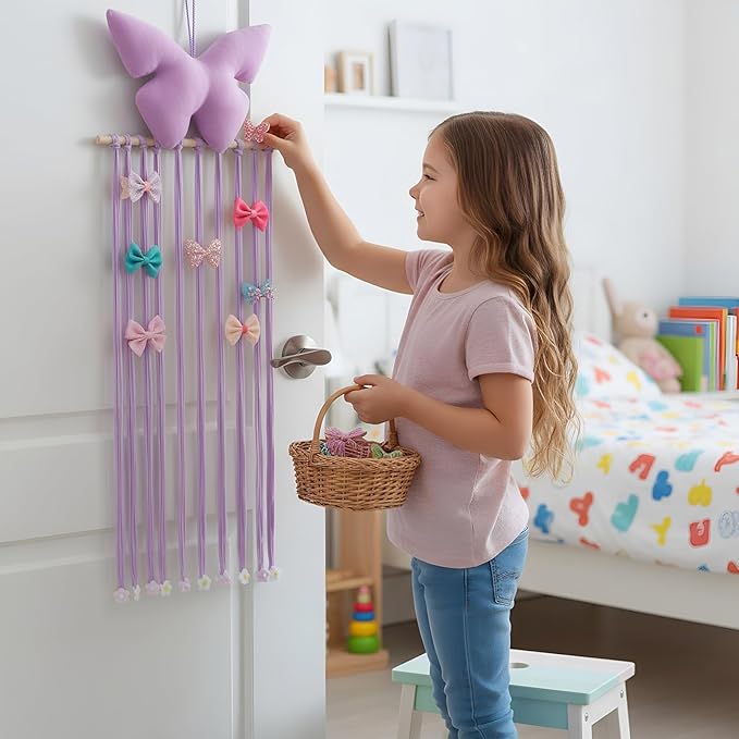 Long Bow Holder for Girls Baby Pink Purple Butterfly Hair Bows Clip Organizer 31.5 Inch Baby Hair Accessories Storage Display Hanging Decor for Girls Nursery Room Bedroom Living Room