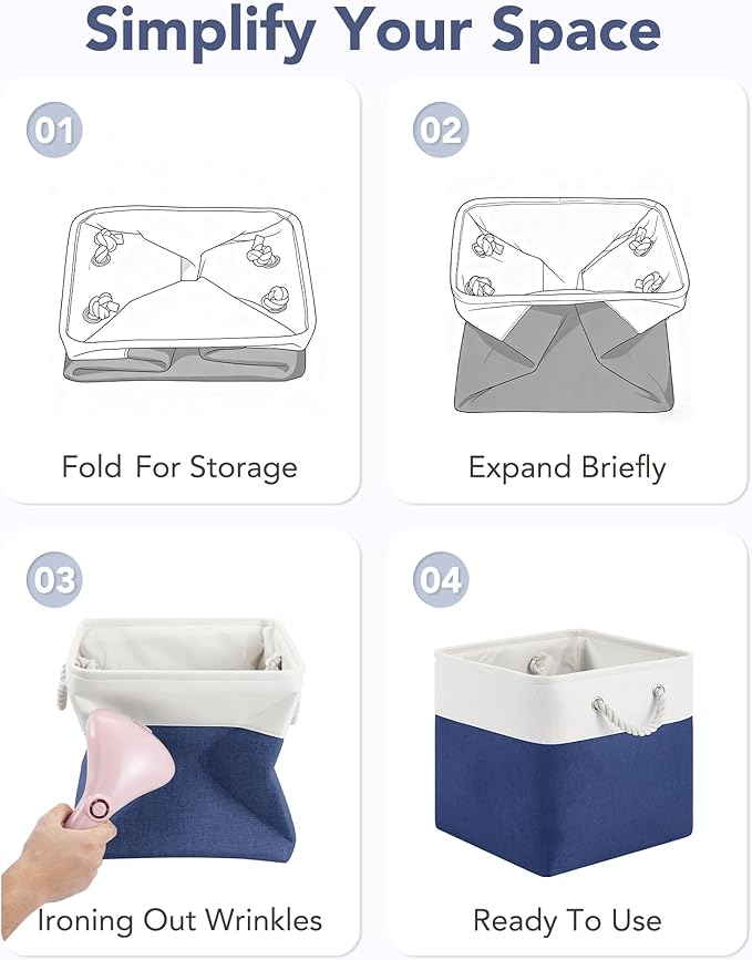 12x12 Storage Cube Bins, 6 Pack Reinforced Bottom Cardboard Foldable Box, Organizer for Closet Shelves, Heavy Home Storage Baskets (White Blue)