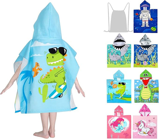 Hooded Kids Beach Towels - Toddler Bath Towel Girls Boys Swim Cover-ups for Ages 4 to 10 Kids Pool Towels Quick Dry Lightweight Soft Microfiber Poncho 30x30 with Bag (Dino Skating)