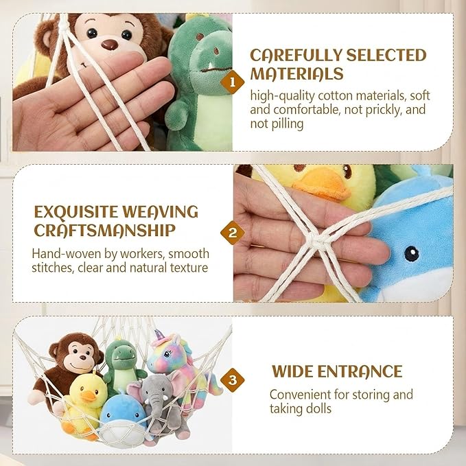 Tioncy 2 Sets Stuffed Animal Storage Organizers Stuffed Animal Hammock Corner Ceiling Hanging Net Macrame Display Holder Wall Mounted for Bedroom(Cream)