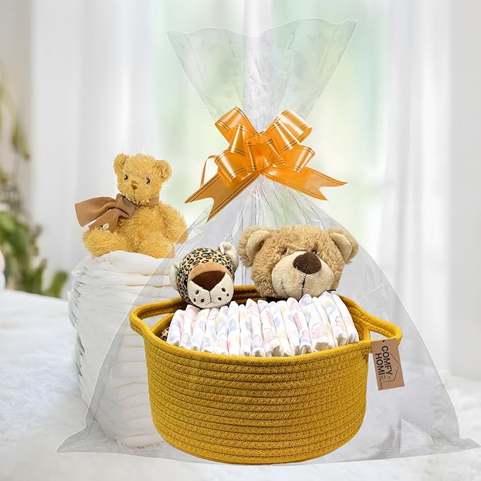COMFY HOMI Small Woven Gift Baskets with Handles, Gift Bags and Ribbons - Cotton Rope Storage Basket for Organizing, Dog Toy Basket Box, Gift Baskets Empty, Mother’s Day-φ11X5 Inch, Yellow