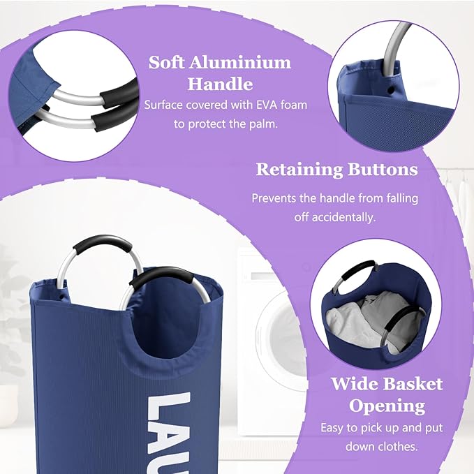 95L Collapsible Laundry Baskets for Boy, Big Clothes Hampers with Handles, Stand-alone Laundry Bin, Portable Dirty Clothes Basket for Bathroom, Camping, Navy Blue