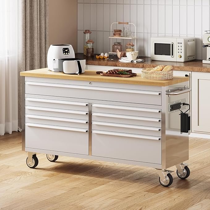 61" Rolling Tool Chest with 9 Drawers, Solid Rubber Wood Workbench Top, Locking Wheels & Key Lock, Mobile Garage Tool Cabinet for Workshop Storage & Organization