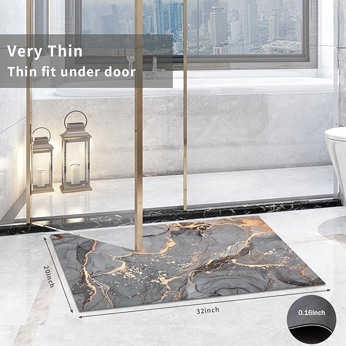 Grey Gold Marble Bathroom Mats Rugs Sets 3 Piece, Abstract Bath Mat Quick Dry Thin Rubber Back Diatomaceous Earth Rugs with U-Shaped Contour Toilet Mat for Bathroom Decor Floor Shower Room