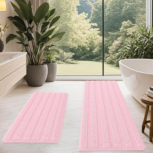 ACCUMTEK Christmas Striped Pink Bathroom Rug Mat Set 2 Piece 32"x20"+60"x20" Ultra Soft, Non Slip Chenille Bath Rugs, Absorbent Plush Shaggy Bath Mats for Bathroom, Bedroom, Kitchen, Shower, Tub