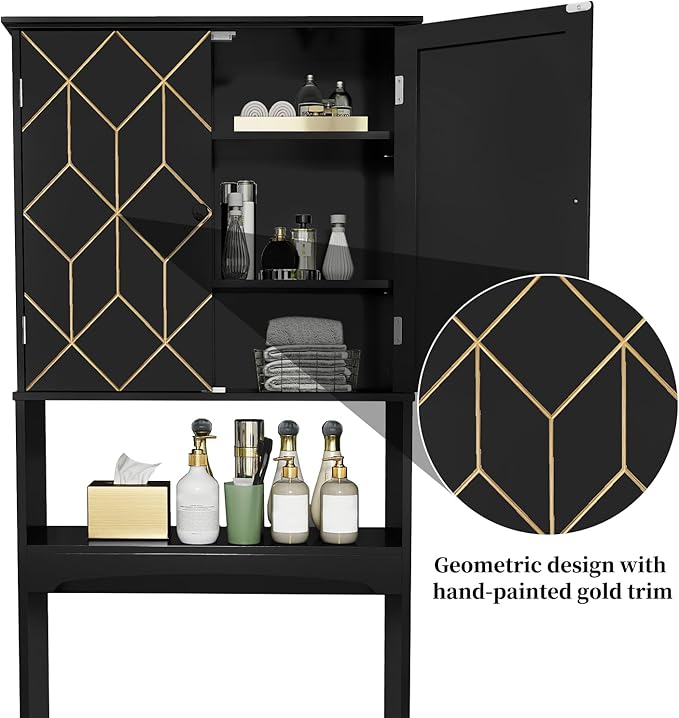 HLR Over The Toilet Storage Cabinet with Gold Trim, Over Toilet Bathroom Organizer with Adjustable Shelves and Toilet Paper Holder, Above Toilet Storage Cabinet Spacesaver for Bathroom (Black)