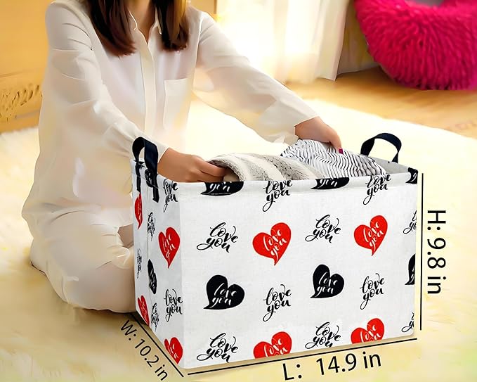 Large Valentine's Day Basket Heart Shaped Storage Bin for Gifts Collapsible Organizer Room Decor (Red Black Love You)