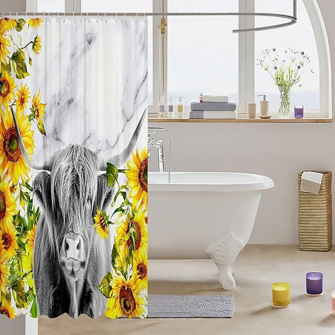 Highland Cattle Shower Curtain Girls Sunflower Highland Cow Marble Print Bathroom Shower Curtain Set Farm Animal Bath Curtain for Bathroom Sunflower Floral Bathroom Accessories Decorative 72"x78"