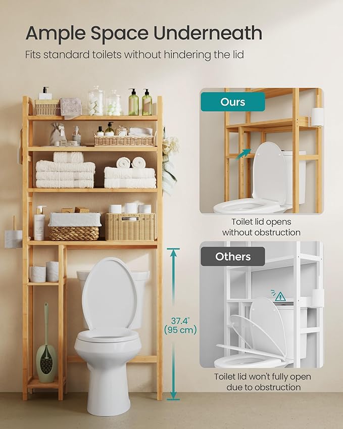 SONGMICS Over The Toilet Storage, 4-Tier Over Toilet Bathroom Organizer with Adjustable Shelves, 10.2 x 32.7 x 72.8 Inches, Space-Saving, Natural Beige UBTS017N01
