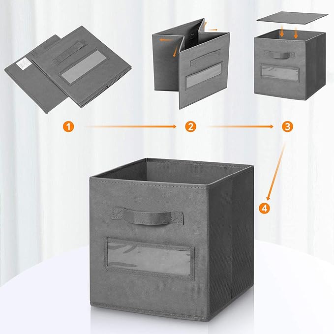 artsdi Fabric storage cubes (Set of 8) 11 Inch Cube Storage Bin, cube storage with 8 Labels Window Cards & a Pen, Foldable cube organizer bins, 11x11 storage bin, Cubby Organizer bins, Gray