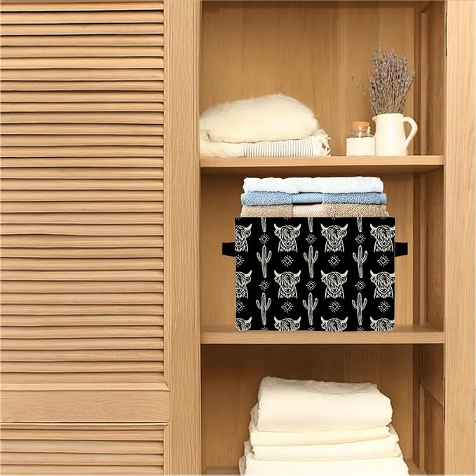 Highland Cow Western Storage Bins Box, Toybox for Boys Girls, Vintage Western Cactus Cow Foldable Storage Baskets Organizer for Bedroom Bathroom Kids Room Dorm Clothes Toys Books