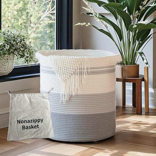 laundry hamper 18x18x20, 80L – large basket for blankets, toy basket,Cotton Rope Blanket Basket Living Room, Baby Laundry hamper for Blanket, Nursery, –stuffed animal storage(Triple grey)