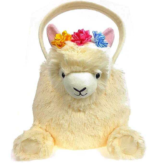 DearSun Personalized Easter Egg Hunting Basket 3D Plush Alpaca Baskets Gift Bucket with Embroidery Name (Plush Llama Basket with Customization)