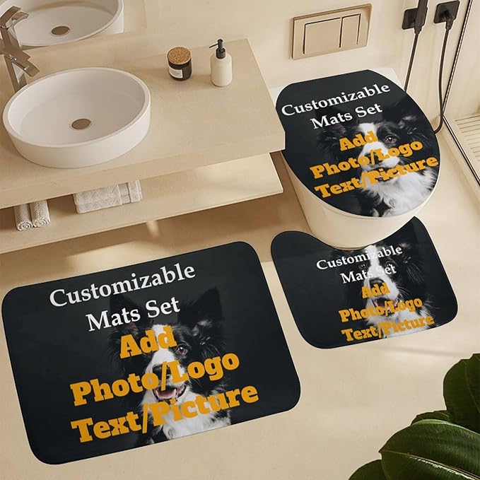 3 Piece Bathroom Custom Floor Mat Set Personalized Rug Design Your Own Toilet Lid Cover Add Photo/Picture/Text Non-Slip Decoration