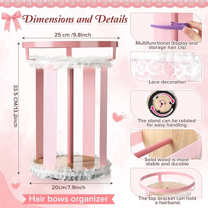 Remerry Pink Hair Bow Holder for Girls Gift Rotating Bow Organizer Stand with Headband Hanger Hair Clips Accessories Display Rack for Baby Nursery Toddler Room Decor