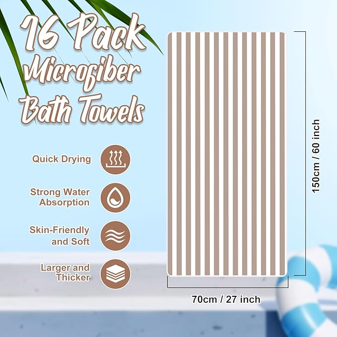 16 Pack Microfiber Bath Towels Bulk 27'' x 60'' Oversized Size Bath Towel Highly Absorbent Extra Large Soft Drying for Shower Beach Winter Salon Sport Gym Party (Stripes,Brown)