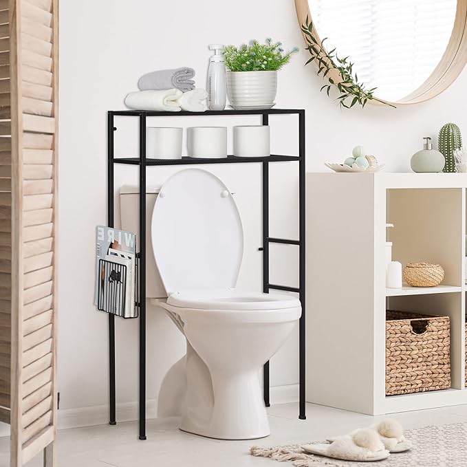 MyGift 2-Tier Over The Toilet Storage Rack, Over Toilet Bathroom Organizer, Freestanding Above Toilet Shelf with Removable Magazine Holder Basket, Black Metal Cabinet for Laundry Space Saver