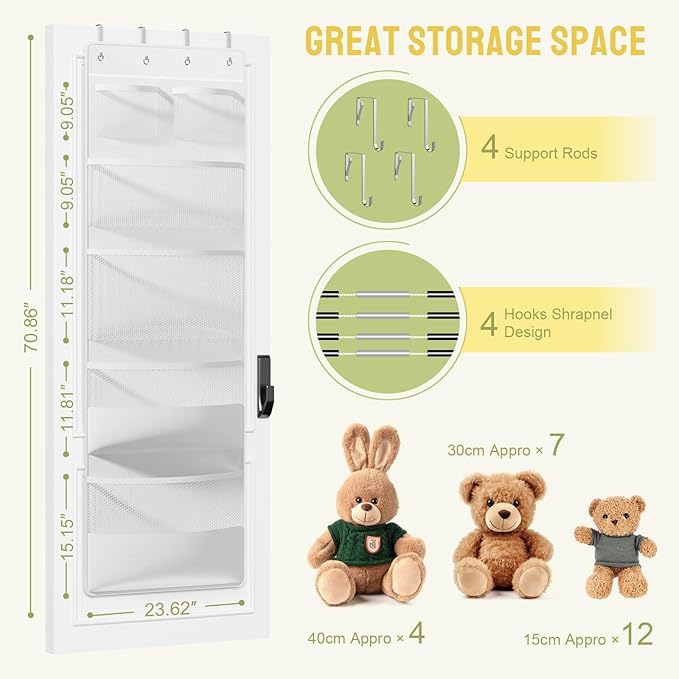 Yecaye Stuffed Animal Storage, Hanging Organizer for Stuffed Animals with 6 Expandable Mesh Net Pockets, Stuffed Animal Hammock, Over the Door Organizer, White