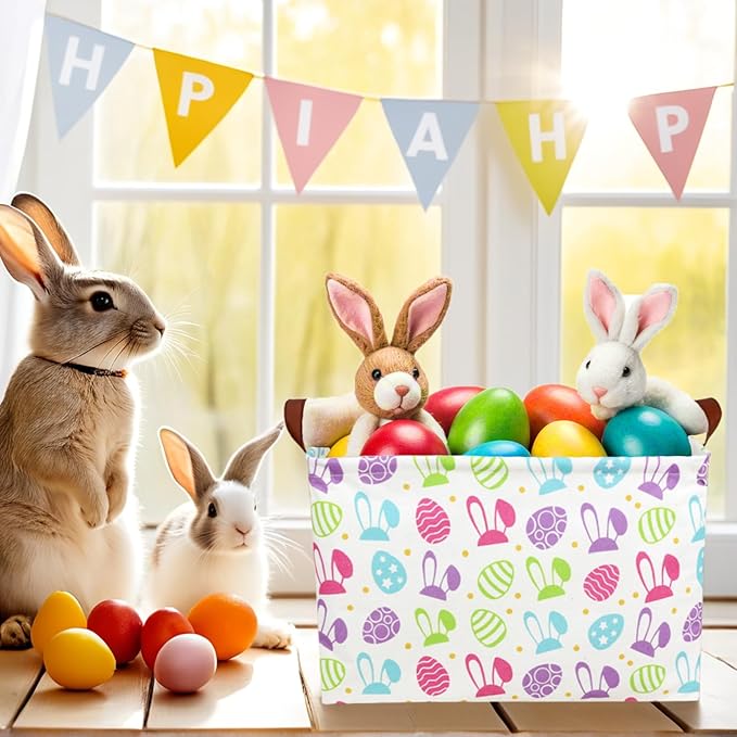 Large Rectangular Cute Kid Easter Basket Empty Bunny Eggs Easter Basket Gift Spring Room Storage Organizer Décor (Long Eared Rabbit Easter Egg)