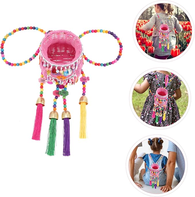 Boys and Girls Basket Weaving Tassel Backpack Ethnic Pack Basket Nursery Storage Boys and Girls