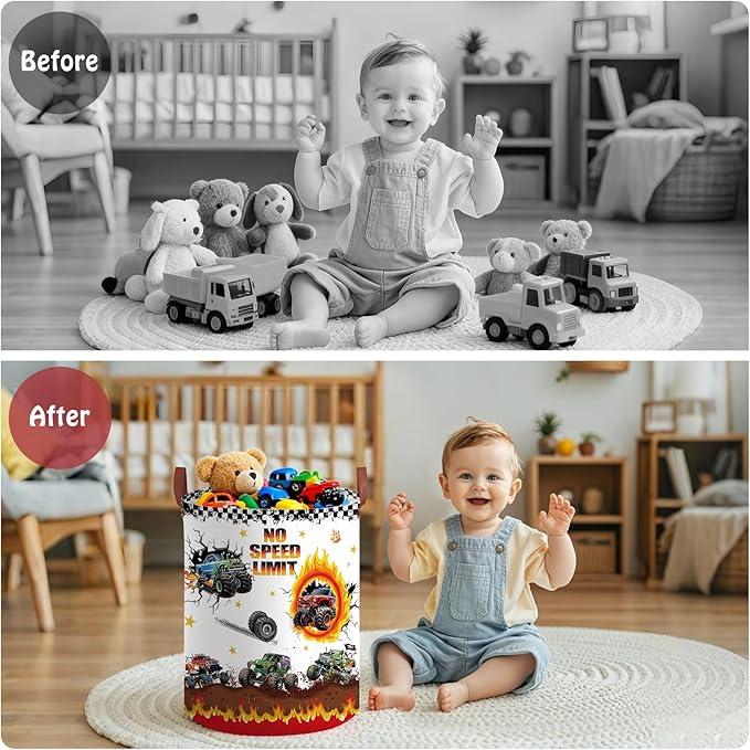 Monster Trucks Laundry Basket with NO SPEED LIMIT Sign,Car Room Decor Nursery Hamper,Gift Bag Storage Bin for Toy Car Stuffed Animals Clothes Books Boys Valentine's Day Gift(Round)