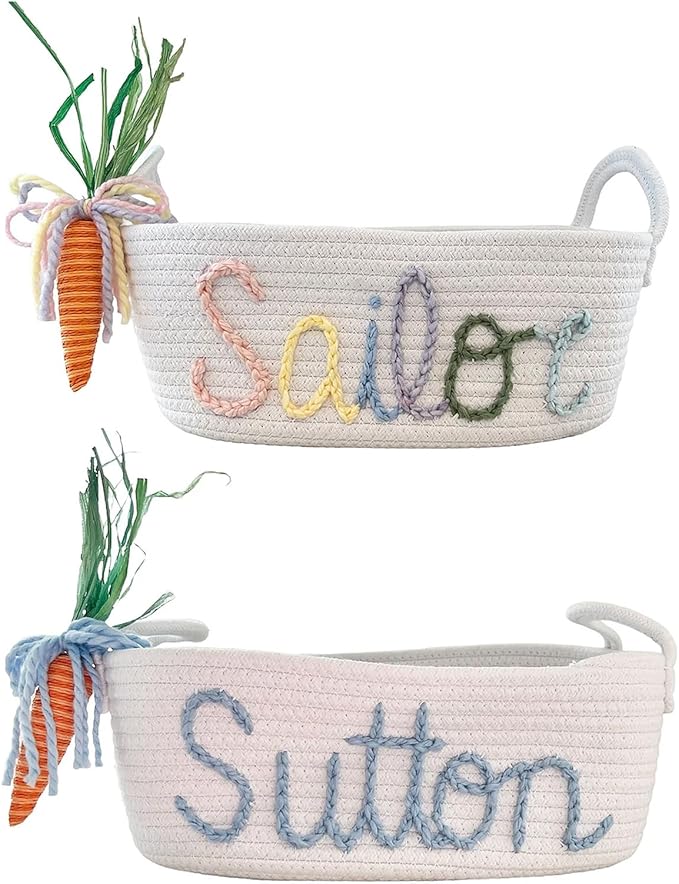 Personalized Rope Cotton Easter Basket Adorable Carrot Decorations Long Handle or Tie Handle Customizable with Child's Name (Style 2-Tie Handle)
