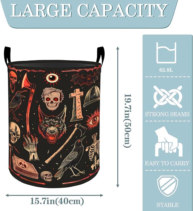 Gothic Horror Laundry Basket, Dirty Collapsible Clothes Toy Organizer Hamper for Kids Adults, Oxford Cloth Waterproof Storage Bin for Bedroom Bathroom Goth Decor Halloween Gifts, 19.7"X15.7"