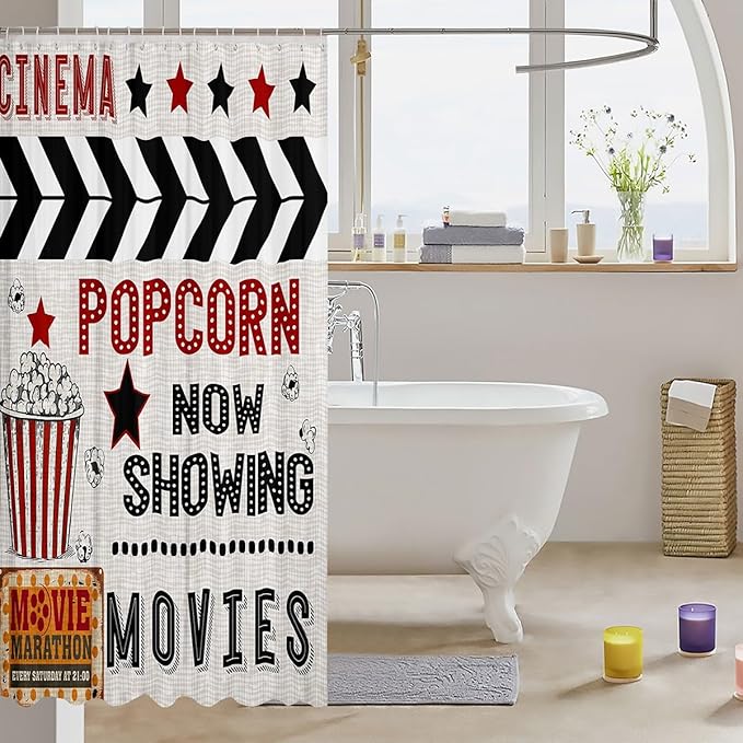 70's Vintage Cinema Movie Theater Shower Curtain Popcorn Bathroom Curtain Cinema Poster Design All Season Waterproof Curtain for Kids Boys Black Red Microfiber Bath Curtain Room Decor,72"Wx72"L