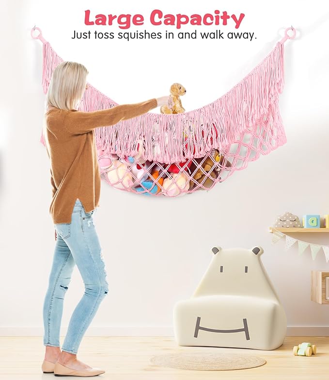 Stuffed Animal Hammock - Extra Large 63'' Long, Stuffed Animal Storage, stuffed animal Holder net, Hammock Large, Storage Hanging Organizer - Light pink