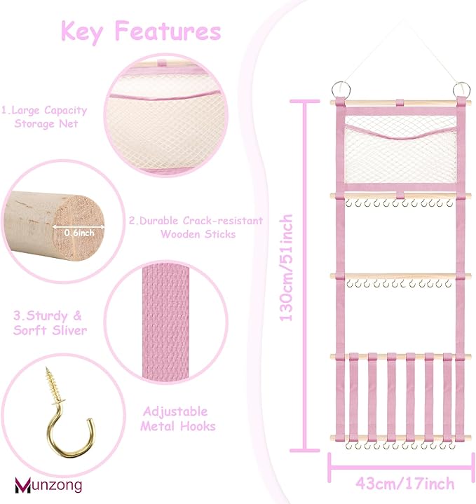 Munzong Headband Holder 52x17 inch, Pink Hair Bow Clip Organizer for Baby Girls, 4 Tier Wall Hanging Headband Shelf w/Mesh Bag, Large Nursery Hair Accessories Storage Hanger for Toddler Women