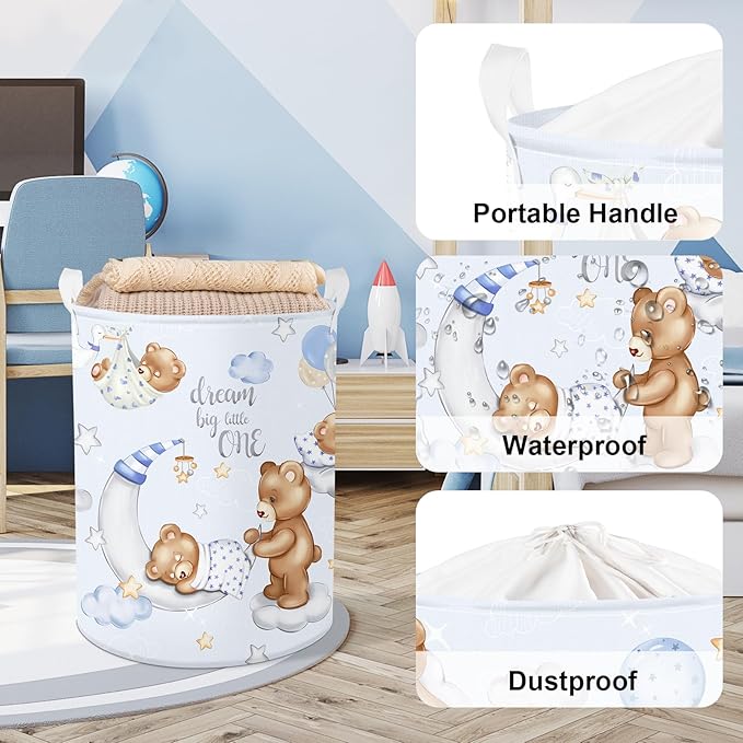 Clastyle 45L Large Blue Sleeping Bear Kid Boy Girl Laundry Hamper with Handle Collapsible Star Moon Clothes Toy Storage Basket with Lid for Nursery