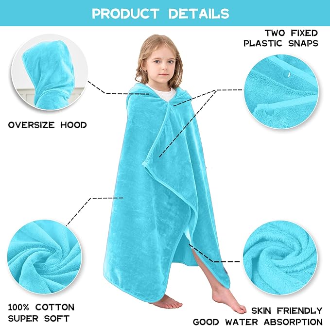 Hiturbo Kids Hooded Bath Towel: 100% Cotton Soft Thick Absorbent Towels Wrap - 50"x30" Shower Beach Pool Wearable Blanket for 3-12 Yrs Boys Girls - Blue