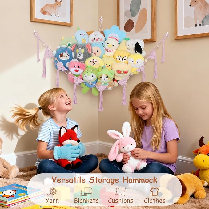 Stuffed Animal Hammock Corner, 57 Inch Large No Drilling Handcrafted Plushie Net for stuffed animals Storage,Natural 100% Cotton Boho Macrame Stuffy Hammock Plushies Storage for Kid Room Nursery(Pink)