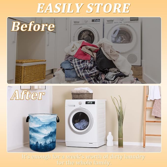 Blue Mountain Forest Laundry Basket, Foldable Waterproof Oxford Cloth Laundry Hamper Funny Tote Bag Dirty Clothes Storage Bucket Toy Organizer for Bathroom/Laundry/Bedroom 15.7"x19.6"