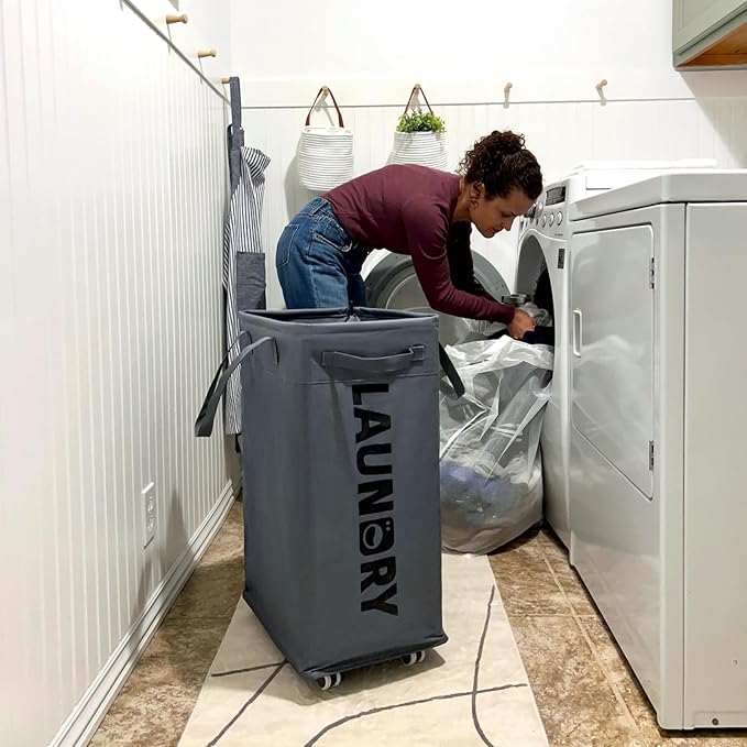 CHICVITA 2-Pack Hamper with Wheels, 75L Large Laundry Baskets with Removable Wash Bags, Foldable Laundry Baskets with Slim Design for Corner Dorms, Rolling Laundry Hamper on Wheels, Grey
