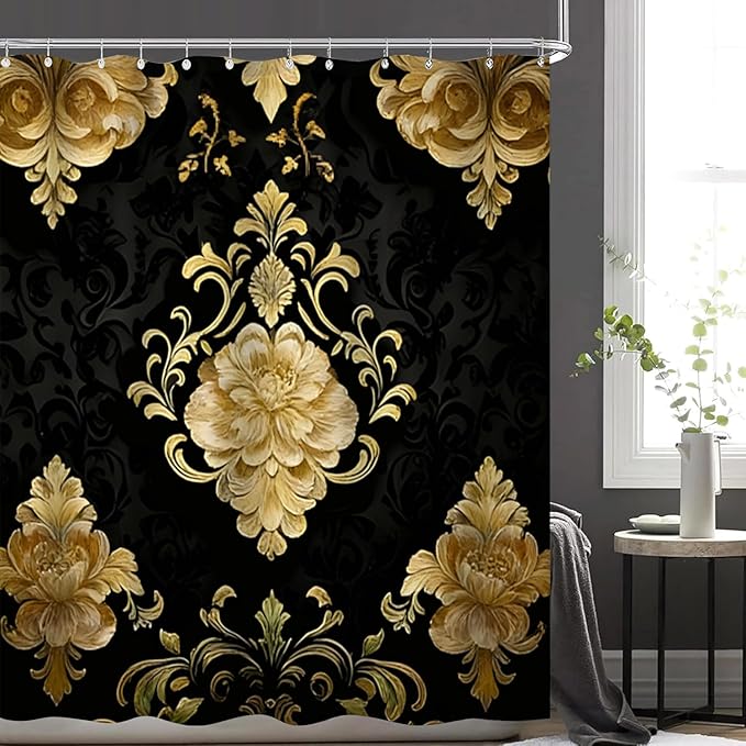 4Pcs Luxury Damascus Gold Flower Pattern Shower Curtain Set with 12 Hooks Non-Slip Rugs,Toilet Lid Cover and Bath Mat,Dark Gold Bathroom Decor for Hotel & Home Bathroom
