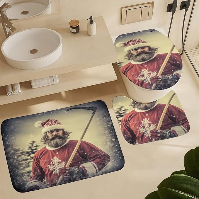 4 Pcs Shower Curtain Set Santa Claus Playing Hockey Ice Skate Sport Bathroom Shower Curtain Set with Rugs Ice Sports Games Shower Curtain with 12 Hooks for Bathroom Decor 72inch X 72inch