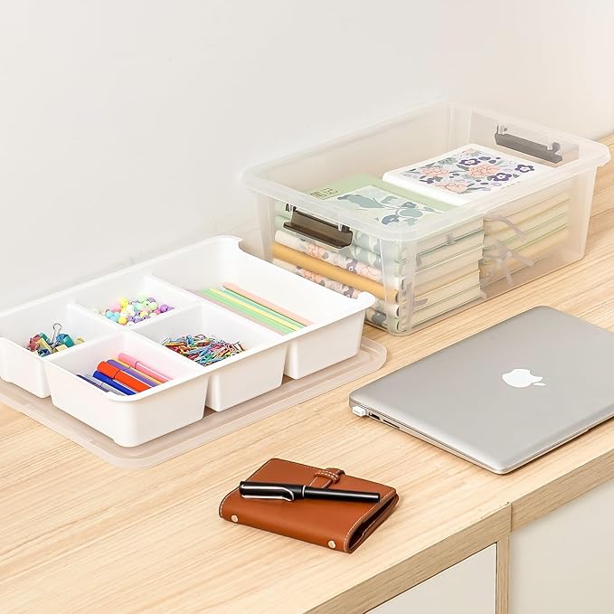 Plastic Storage Box with Removable Tray Craft Organizers and Storage Clear Storage Container for Organizing Bead, Tool, Sewing, Playdoh (White, 2Pack-17QT)