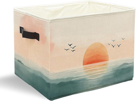 Boho Coastal Beach Sunset Storage Bins with Handles, Watercolor Coastal Ocean Landscape Collapsible Laundry Basket Storage Box for Home Bedroom Bathroom Clothes Toys Books