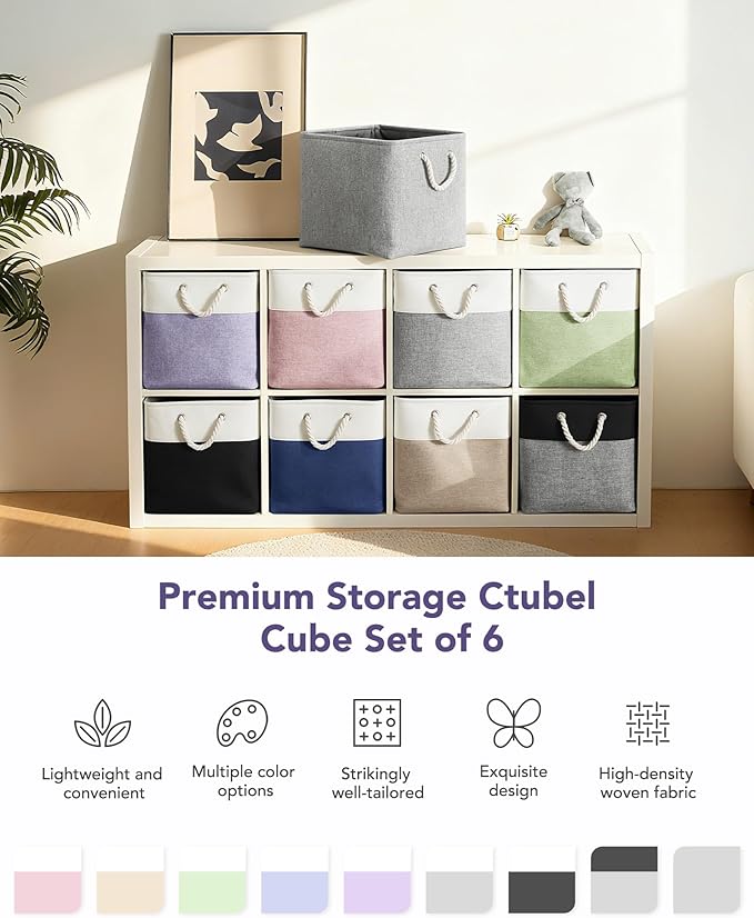 13x15x13 Storage Cube Bins, Heavy Duty Foldable Fabric Storage Bins with Handles and Metal Frame, 6 Pack Large Closet Organizer Bins for Clothes, Socks, Towels, White Purple