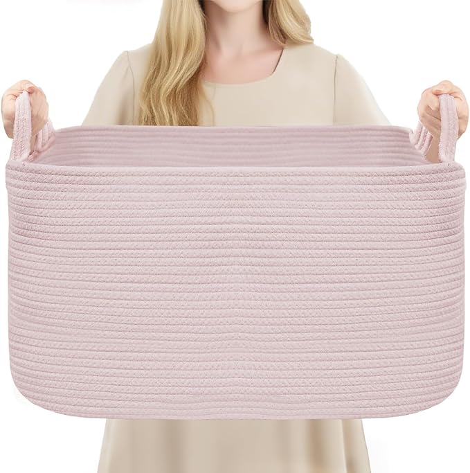 YOUDENOVA Nursery Storage Basket，21.6''×14.9''×11.8'' Rectangle Cotton Rope Blanket Basket, Nursery Laundry Hamper for Organizing，Toy Basket for Living Room, Bedroom Pink