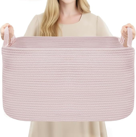YOUDENOVA Nursery Storage Basket，21.6''×14.9''×11.8'' Rectangle Cotton Rope Blanket Basket, Nursery Laundry Hamper for Organizing，Toy Basket for Living Room, Bedroom Pink
