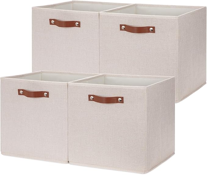 HNZIGE Foldable Storage Cubes Bins for Organizing, Set of 4, Fabric Cube Canvas Storage Bins 11 x11, Collapsible Bins for Organization with Handles for Shelf Nursery(Cream)