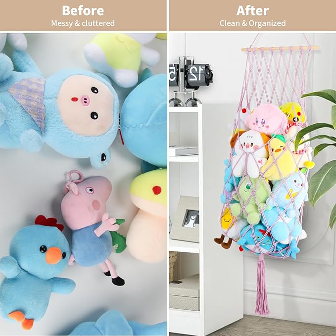 68 Inch Stuffed Animal Storage, Jumbo Macrame Stuffed Animal Hammock Corner, Wall Ceiling Hanging Stuffy Toy Hammock Plushie Net Display for Kids Boys Girls Nursery Decor (Pink)