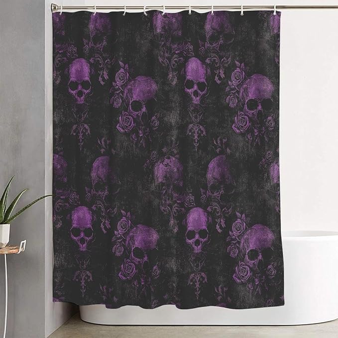 Gothic Skull Bathroom Set, 4-Piece with Shower Curtain 71x71, Bath Mat, Contour Rug, Toilet Lid Cover, Purple Roses Skull Pattern(Purple 1)