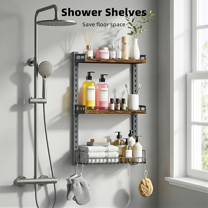 3 Tier Bathroom Shelves Over Toilet - Wall Mounted Floating Shelves with Drain Basket, Toilet Paper Storage, Height Adjustable Over The Toilet Storage, Vintage Brown